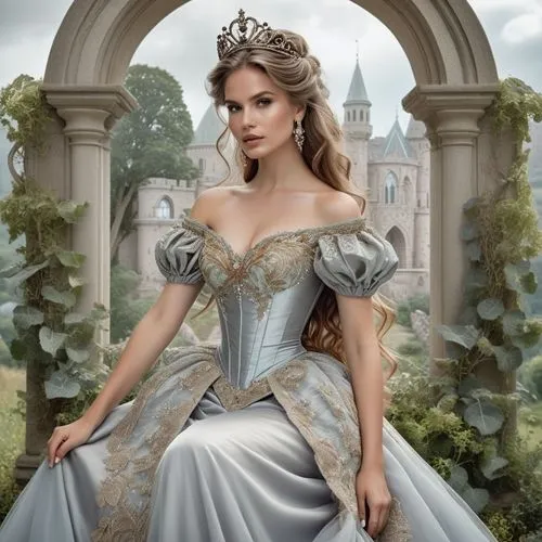 A photo-realistic shoot from a frontal camera angle about a beautiful woman in a silver wedding dress sitting elegantly in an archway surrounded by greenery, with a castle in the background. on the mi
