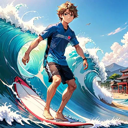 japanese style, manga, realistic,colors.summer,surfing,the man in the blue shirt is surfing the wave,hausser,big wave,surfer,the great wave off kanagawa,garrison,aikau,Anime,Anime,General
