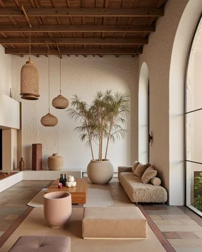 A warm and inviting living room with natural elements like wooden beams and textured walls. The space is enhanced with cozy neutral furnishings, earthy pottery, and a large potted tree, creating a har