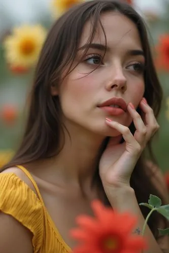 A woman thinking about flowers,a woman with blue eyes and sunflowers in the background,beautiful girl with flowers,girl in flowers,flower background,daisies,yellow daisies,sunflower lace background