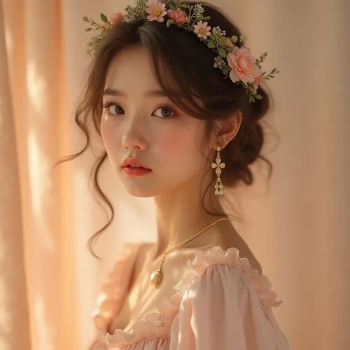 Pastel peach tone, soft feminine touch, gentle curls, subtle blush, delicate eyelashes, warm skin undertone, lace trimming, ruffled dress, flowy skirt, satin fabric, subtle sheen, golden accessories, 