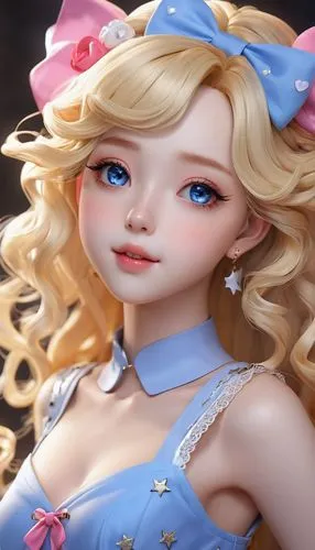 Cute Starlight Girl with long blonde hair with lots of curls, big cute blue eyes with pretty eyelashes, black eyeliner, pink glossy lips, smooth face with soft chin, small cute nose, By artist "anime"