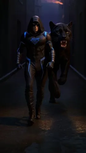 un héroe encapuchado andando hacia adelante acompañado por una gran pantera negra que va detrás de él,two people in cat suits are walking near a cougat,vigilantes,batterers,vigilante,eradicator,reaper