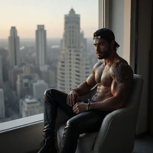 an insanely handsome man with powerful muscles who is an immortal werewolf, he looks to be 30 years old, wearing leather pants, a backwards baseball cap, sitting in a chair on the balcony of his apart