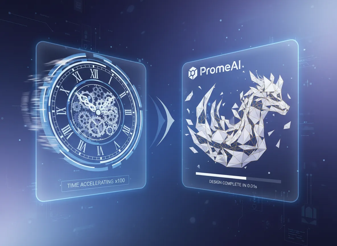 An animated graphic showing a clock speeding up next to a PromeAI interface generating a complex paper sculpture design.