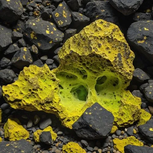 roccia spaccata nera con all'interno minerali giallo fluorescente,an image of a rock and lava,solidified lava,sulfur,slag,tektite,lichen,uranium,olivine,lava,tar,lichens,colored rock,pyrites,nuclear w