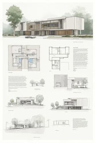 an architectural presentation board of an artist's residence design with floor plans, views perspectives 3D renders and texts in a neatly composed sheet with space and balanced formatted graphics

,th