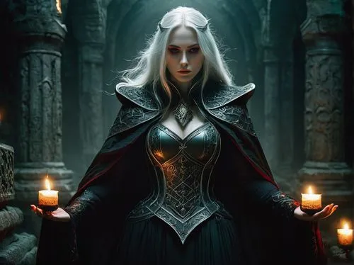Dark fantasy scene, ancient ruins, mysterious artifacts, powerful sorceress, pale skin, long silver hair, intricate black dress, red eyes, bold eyebrows, dramatic makeup, ornate chest armor, flowing w