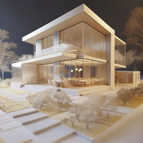 a 3d rendering of a modern, futuristic house that appears to be on a tree - covered street,prefab,model house,cubic house,modern house,render,cube house