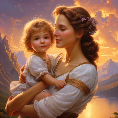 capricorn mother and child,little girl and mother,emile vernon,mother with child,mother kiss,mother and child,father with child,baby with mom,motherhood,romantic portrait,mother-to-child,motherly love