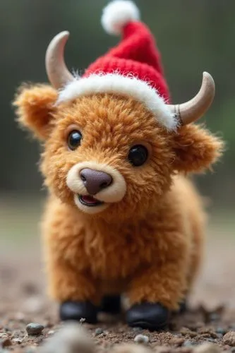 playful Miniature woolly highlander cow wearing a christmas hat,a red stuffed animal wearing a red santa hat,reindeer from santa claus,rudolph,rudolf,highland cow,santa claus hat,reindeer,mooseport,re