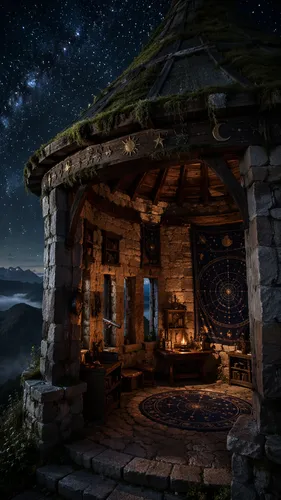 Description: A small observation tower built of light-colored stone under a star-filled night sky, a green roof covered in shimmering moss, wooden beams carved with celestial symbols, narrow openings 