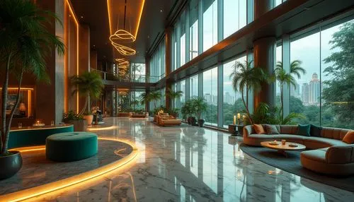 Luxury hotel lobby, futuristic ambiance, blend of modern minimalism and Art Deco, sleek lines, metallic accents, marble floors, glass ceiling, lush green walls, ambient lighting, warm color scheme, el