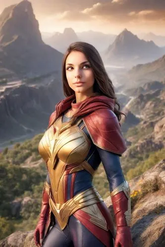 девушка супергерой на фоне фантастического пейзажа,a female avengers character in a costume with mountains behind,captain marvel,wonder woman city,goddess of justice,fantasy woman,super heroine,superh