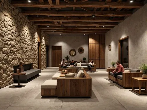 Rough stone walls, rustic brick facades, wooden accents, natural wood grains, earthy tones, organic shapes, irregular forms, brutalist architecture, industrial chic, exposed ductwork, polished concret