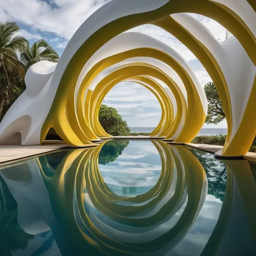 miniature, realistic underwater, structure perfect, minimalist, Zaha Hadid, organic marine biomimicry, symmetric yellow, architecture residential, symmetric building facade minimalist silk, algae biom