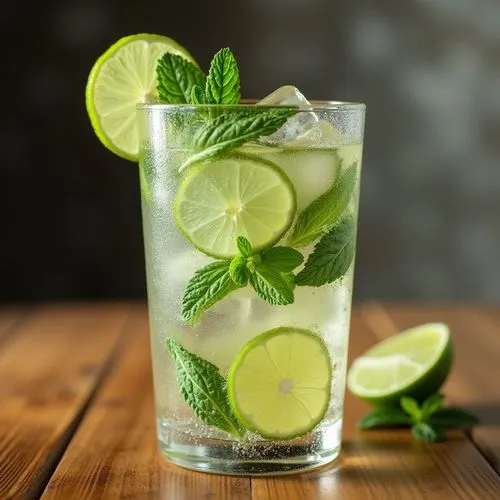 water with lime and mint in glass on woodencountertop,an image of a green lime drink,limeade,gin and tonic,infused water,gin,lemon mint,lime slices,spritzer,sliced lime,melon cocktail,detox,detoxifica