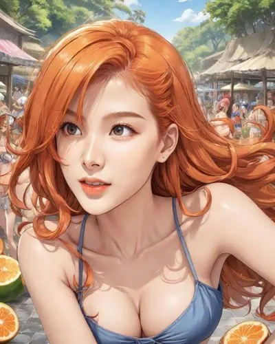 an anime girl wearing blue bikini at an orange fruit stand,nami,oranges,orangina,melons,lina,half of the oranges