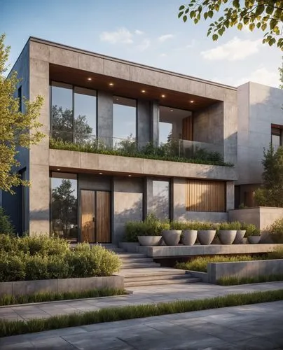 an outdoor area with lots of plants and concrete,modern house,mid century house,3d rendering,renderings,dunes house,townhome,Photography,General,Realistic