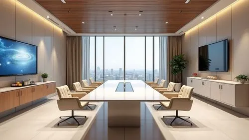 Ultra-modern executive office for an international real estate company, contemporary and masculine aesthetic, premium materials like light wood, brushed aluminum, glass, and polished stone, warm neutr