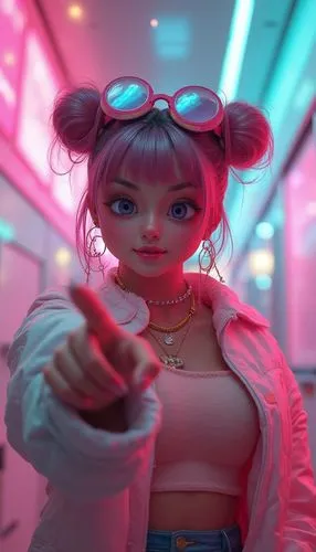the woman is pointing her finger and wearing pink,neon tea,neon coffee,bubblegum,neon,neon drinks,cyberpunk,vi,neon candies,bubble tea,aesthetic,neon light,futuristic,outrun,synthetic,pinky,neon ice c
