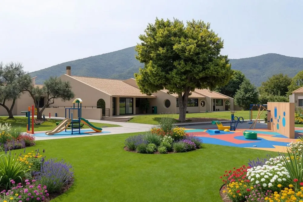 a very nice outdoor play set in a backyard with colorful flowers