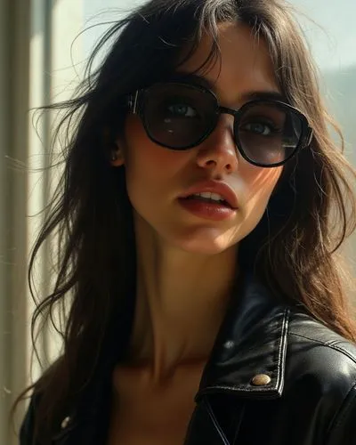 a beautiful young woman wearing glasses posing for a photo,sunglasses,shades,aviators,sun glasses,color glasses,portrait background