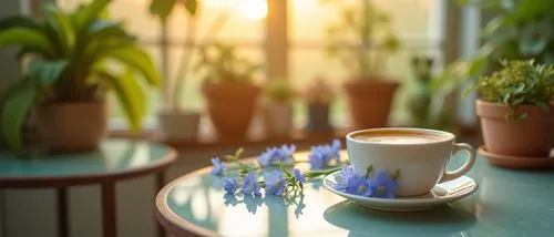instagram style,beautifull desighn,beige,cream,green,many plants,blured background,details ,zoom on delicate blue flowers and cup of coffe on glass coffe table,a cup of coffee sitting on top of a tabl