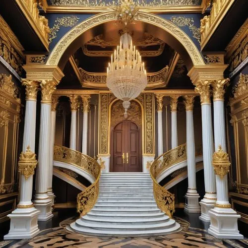 Baroque style, 17th century grand palace, golden decorations, intricate carvings, ornate pillars, grand staircase, crystal chandelier, marble floors, luxurious furnishings, velvet drapes, Renaissance-