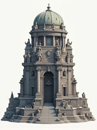 Create a monumental stone structure inspired by the Völkerschlachtdenkmal in Leipzig. The building should be massive, with a solid, tiered base leading up to a large, domed top. The facade is detailed