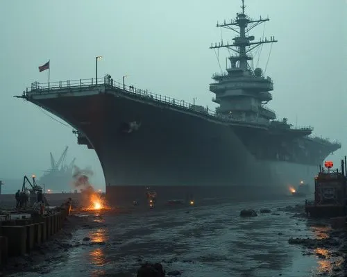 一艘正在充滿油汙,雜亂的軍港等待拆卸的航空母艦,碼頭有焊接工人在焊接,large military ship floating in the ocean on a foggy day,uss carl vinson,uss kitty hawk,aircraft carrier,cvn,kuznetsov,nimitz