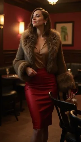 A luxurious fall outfit with a faux fur stole, satin blouse, and fitted pencil skirt. She’s entering an upscale jazz club, exuding elegance and timeless glamour for an evening out.