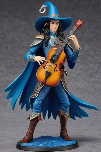  Action Figure， Full body ,a figurine wearing a hat, with blue wings and holding a guitar,art bard,garrison,violinist violinist of the moon,bard,game figure,figurine,highwayman,troubadour,smurf figure