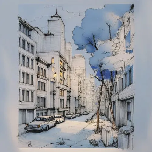 a drawing of a city street with parked cars,snow scene,snow drawing,watercolor paris,cloudstreet,winterland,snow landscape,winter landscape,faubourg,haussman,snowfall,winter background,winter dream,wa