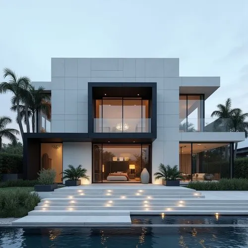 A hyper-realistic, high-resolution architectural photograph capturing a grand, ultra-modern luxury mansion at twilight. The building’s façade is composed of smooth white stone panels contrasted with s