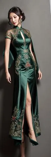 dark green cheongsam-style gown with embroidery details, center split skirt, and capelet,plus-size model,flamenco,plus-size,gown,evening dress,green dress,raw silk,dark green,garment,dress form,mulan,