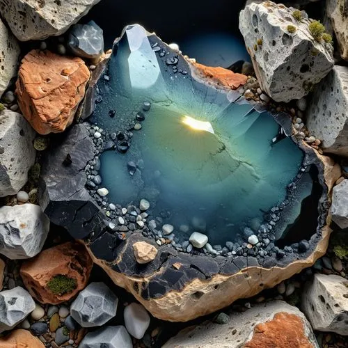 una roccia spaccata nera con all'interno minerali fosforescenti
,some rocks and gravel with a small blue water pond in the center,stone heart,healing stone,stone lamp,slag,mirror in a drop,a drop of w