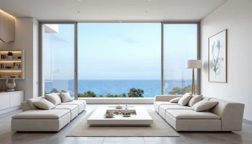 A modern living room with a white sofa and coffee table, and a large window overlooking the sea view. The interior design is in a minimalist style with light gray floor tiles, walls in a pure color, a