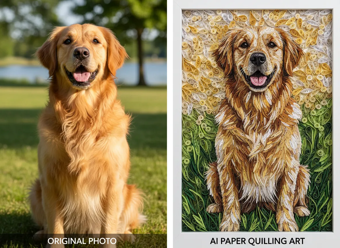 Un confronto affiancato che mostra una fotografia originale di un golden retriever a sinistra e la versione splendidamente stilizzata in paper quilling generata dall'AI a destra.