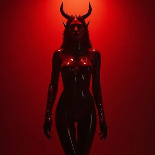 realistic photoshoot in the style of vogue. epic wide symmetrical centered shot of female devil statue in latex bodysuit, red backlight, minimal aesthetic, dark aesthetic, insane detail texture, hyper