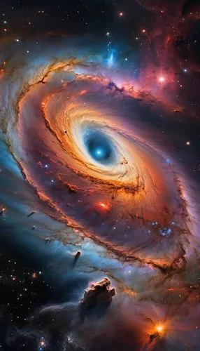 A breathtaking cosmic scene featuring a vibrant galaxy at the center, surrounded by swirling galaxies and vibrant nebulae. The black hole emits a radiant glow, illuminating the surrounding cosmic dust