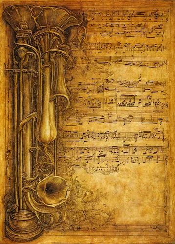 Write a thrilling scene involving an angel's trumpet at a jazz club during a stormy night.,brass instrument,instrument music,sheet of music,music notes,musical instrument,drawing trumpet,old trumpet,m