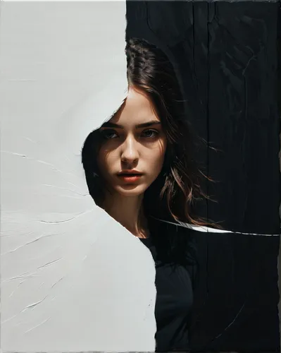 light and shadow, this canvas captures the essence of contrast, where every white lines sharpens the black silence,oil painting on canvas,oil on canvas,painting technique,oil painting,girl with cloth,