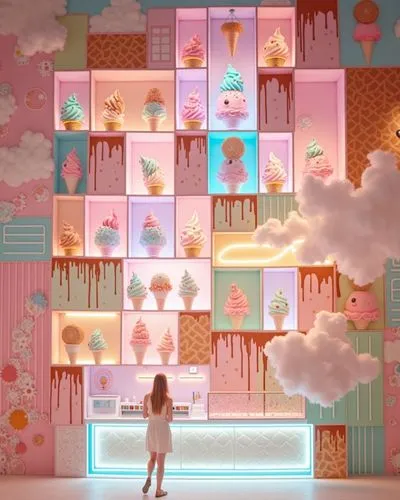 a little girl that is looking at a wall mural,ice cream shop,cupcake background,ice cream parlor,ice cream stand,cake shop,bakeshop,cosmetics counter,doll kitchen,soap shop,flower wall en,soda shop,pa