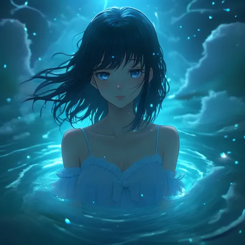 A young women with her hair blowing,a beautiful anime girl in a blue dress floating on water,shimei,underwater background,mayuri,watery heart,under the water,underwater
