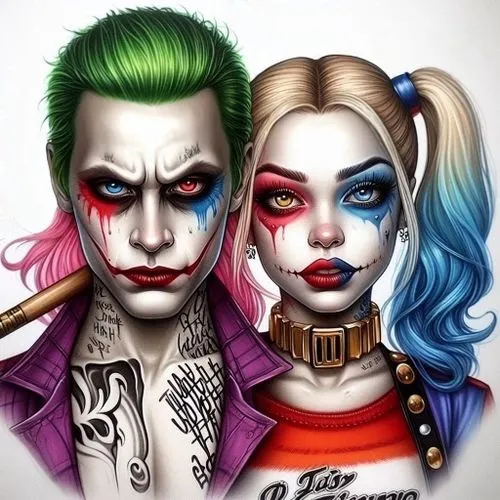 puddin,bizarros,supercouple,antwoord,harley,jokers,harley quinn,joker,beautiful couple,supercouples,gothic portrait,supervillains,arkham,wason,tattoo artist,couple goal,comic characters,body art,villa