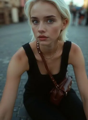 a stunning full-body conceptual art of a beautiful caucasian  young, blonde-haired woman with blue eyes, she has the short hair and she dressed in a black dress with a neckline and a brown bag in a si