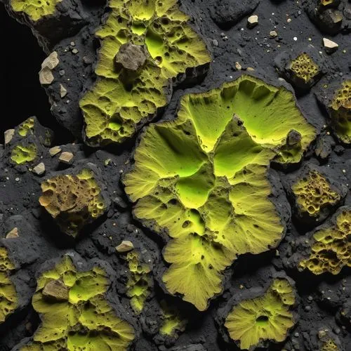 roccia spaccata nera con all'interno minerali  fluorescenti gialli,a lot of moss and rocks with yellow leaves,lichen,lichens,liverworts,algae,chlorophyll,solidified lava,olivine,pollen warehousing,pho