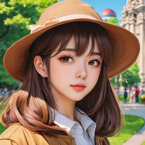 anime beautiful girl with brown hair wearing a hat in the city park,girl wearing hat,portrait background,park ranger,japanese sakura background,brown hat,girl portrait,beret,asian conical hat,honmei c