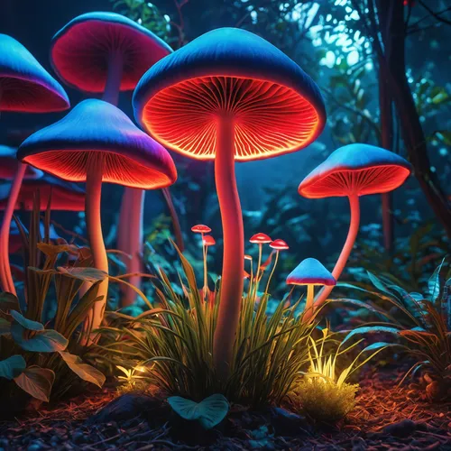 a group of glowing mushrooms in the woods,mushroom landscape,forest mushrooms,toadstools,mushrooms,agarics,fluorescens,umbrella mushrooms,mycena,mushroom island,fairy forest,shrooms,agaricaceae,fungi,